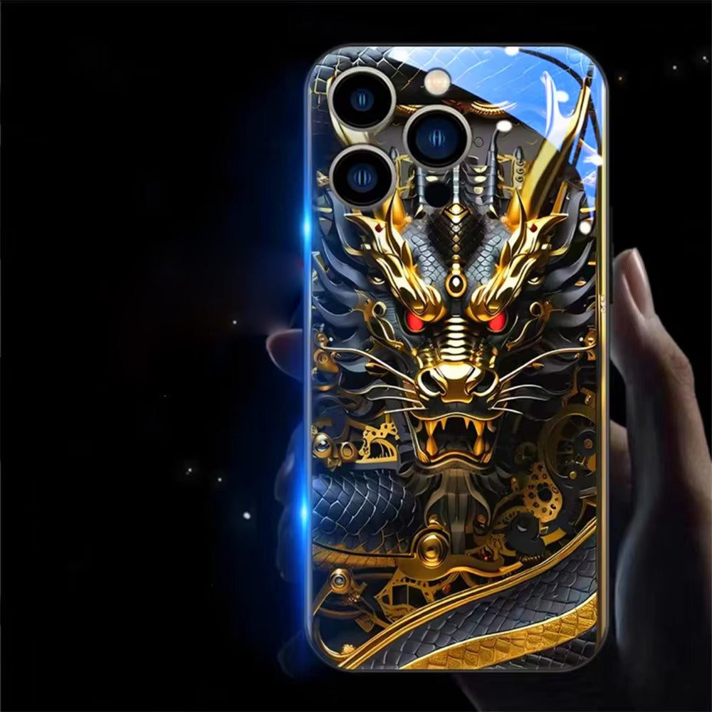 Premium Apple iphone Case, LED Flash, Sound Reactive, Shockproof, Ultra Thin, Full Body Protection, Golden Dragon Luminous Glass Cover