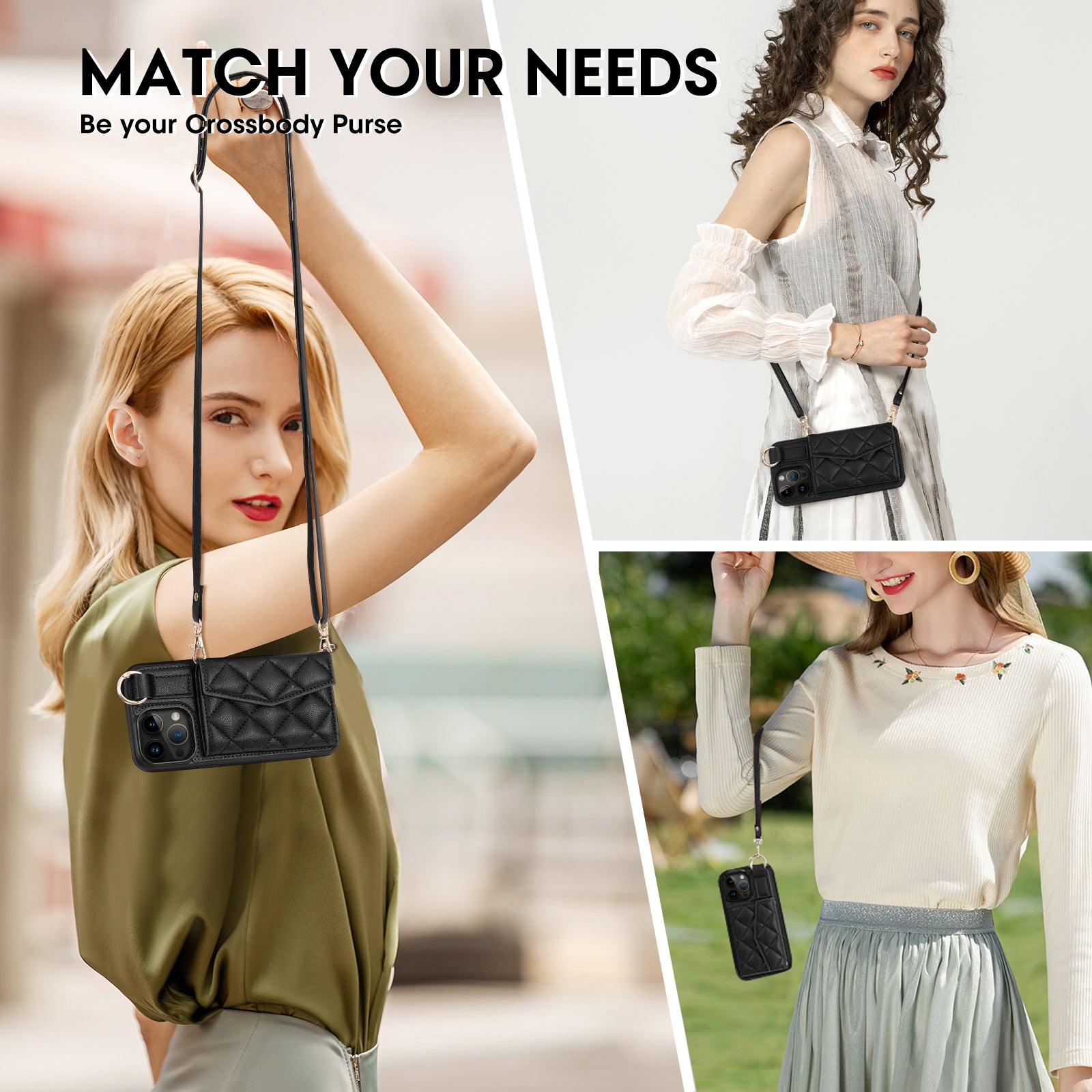 Luxury Crossbody Wallet iPhone Case – Cute Flip Leather Cover, Card Holder, Necklace Strap, Kickstand, Protection for iPhone