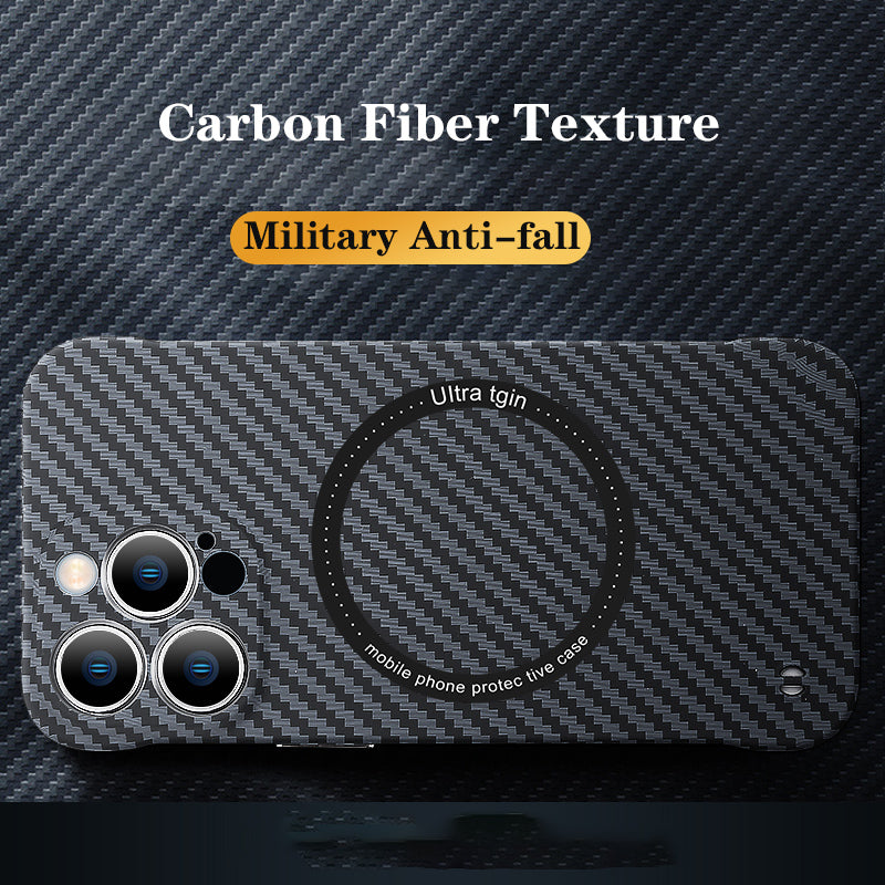 Ultra-Thin Carbon Fiber MagSafe Case – Frameless Matte PC Cover with Logo Hollow and Magnetic Ring for iPhone Models