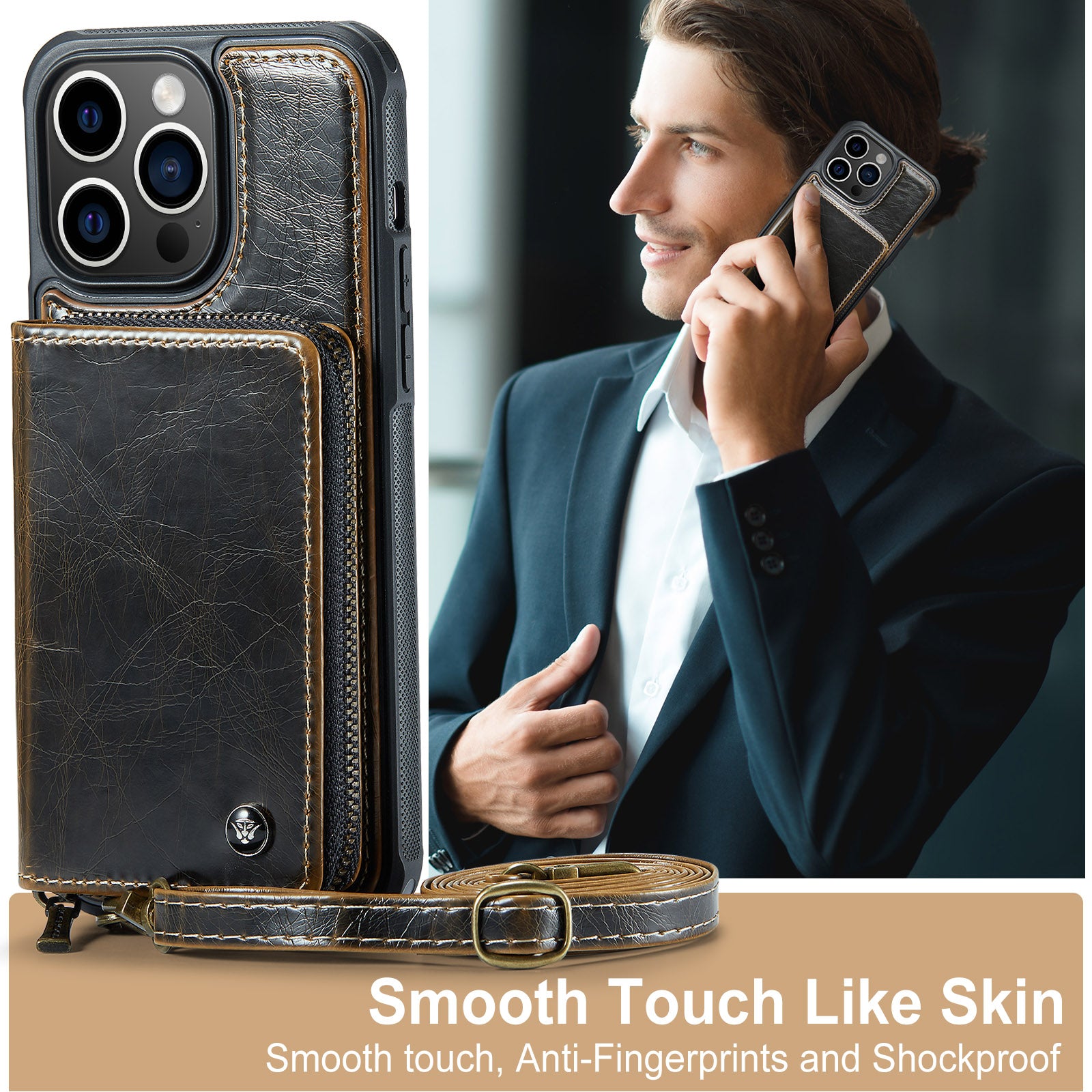 Luxury Leather Wallet Crossbody iPhone Case – Card Slot Holder, Stand Function, Hand Lanyard Strap, Shockproof Protection for iPhone