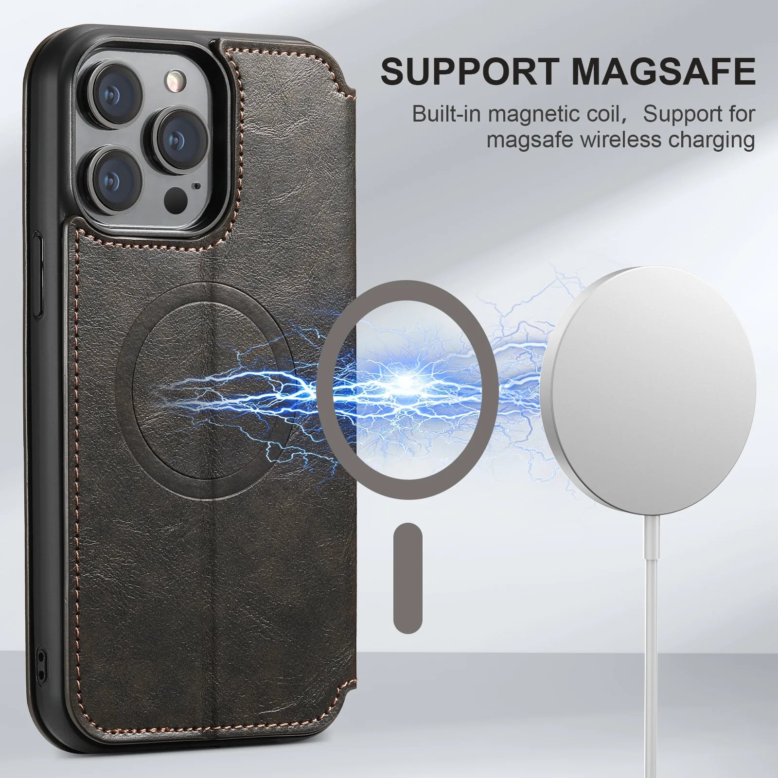 Luxury Leather Magnetic Flip iPhone Case – MagSafe Wallet Card Holder, Wireless Charging Compatible, Shockproof Protection, Elegant Design for iPhone Models
