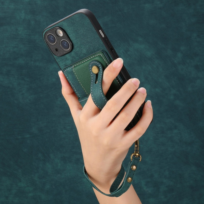 Luxury PU Leather Wallet iPhone Case with Wrist Strap – Stand Function, Card Holder, Protection for Secure and Convenience