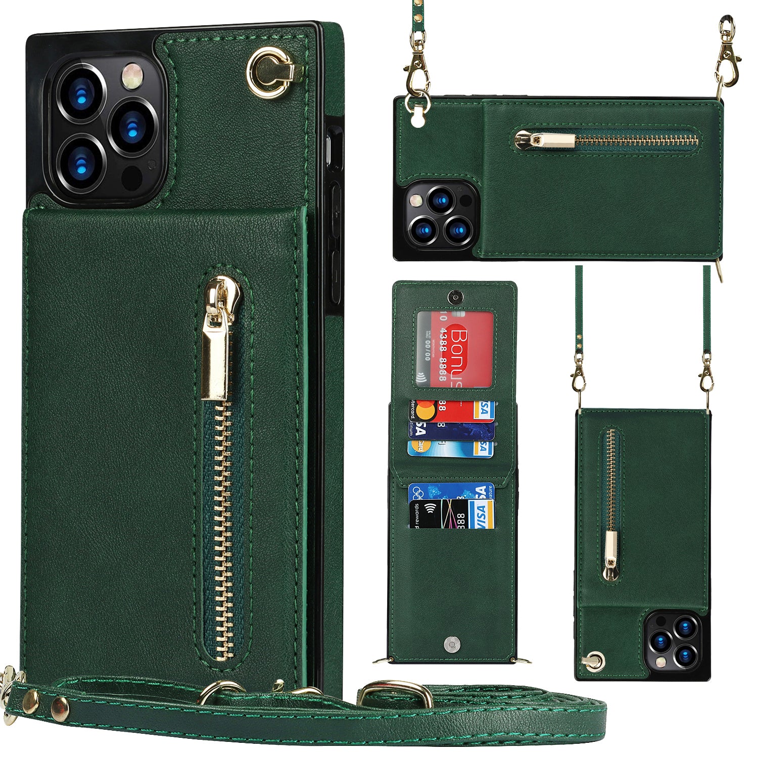 Luxury Zipper Wallet Crossbody Leather iPhone Case Card Holder, Lanyard Strap Magnetic Closure, Stylish Flip Cover for iPhone
