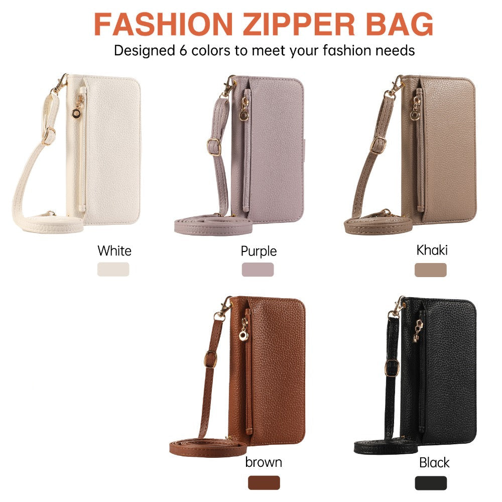 Luxury Crossbody Zipper Wallet iPhone Case – Leather Card Holder, Hands-Free Strap, Shockproof Protection, and Stylish Design for Ultimate Convenience