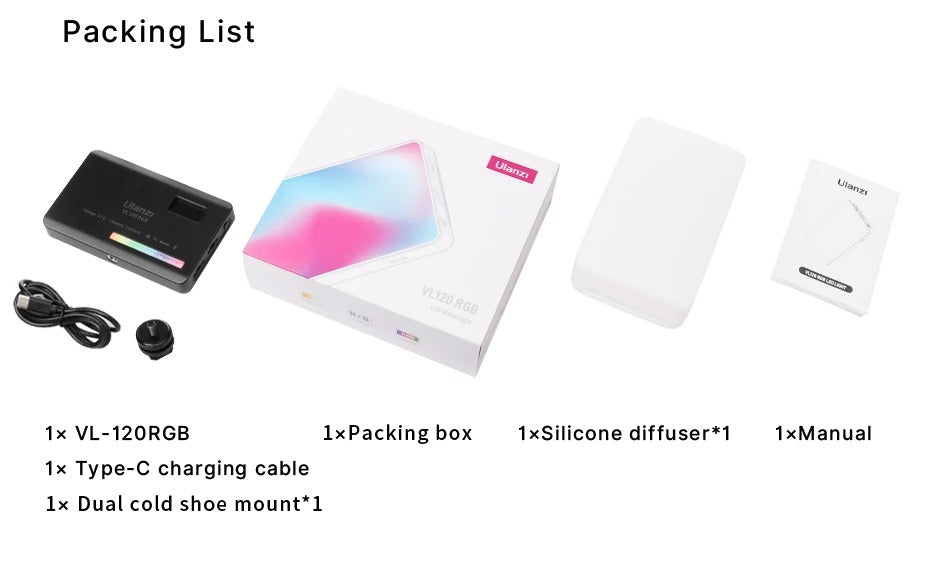 High Quality RGB LED Video Light Panel for Camera & Phone – 2500-9000K Bi-Color, CRI 95+, Diffuser, 3100mAh Battery, 360° Mount, 120 Lamp Beads