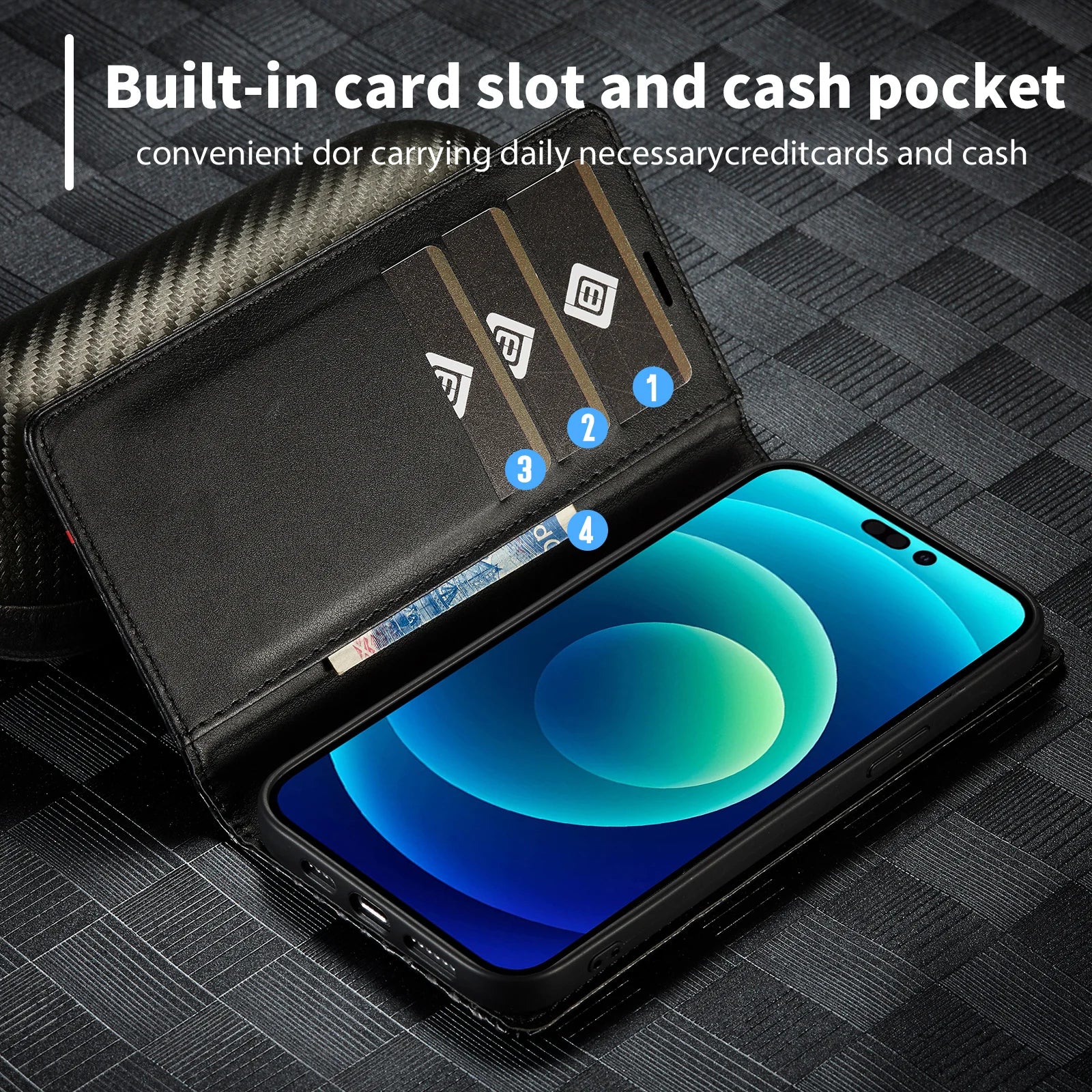 Luxury Carbon Fiber Leather Wallet iPhone Case – Magnetic Flip Cover, Card Holder, Shockproof Protection, Durable for iPhone