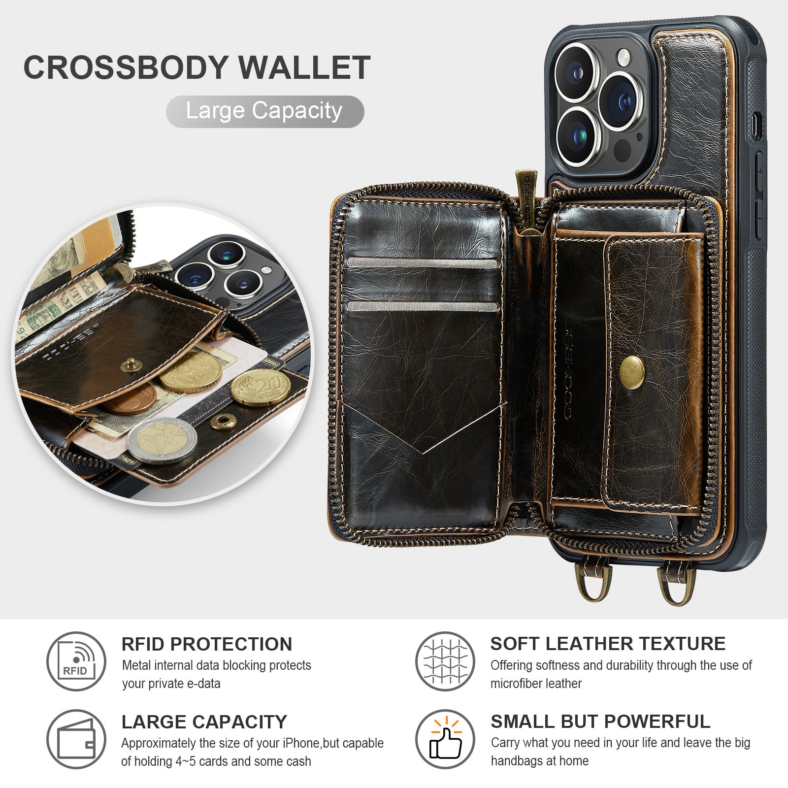 Luxury Leather Wallet Crossbody iPhone Case – Card Slot Holder, Stand Function, Hand Lanyard Strap, Shockproof Protection for iPhone