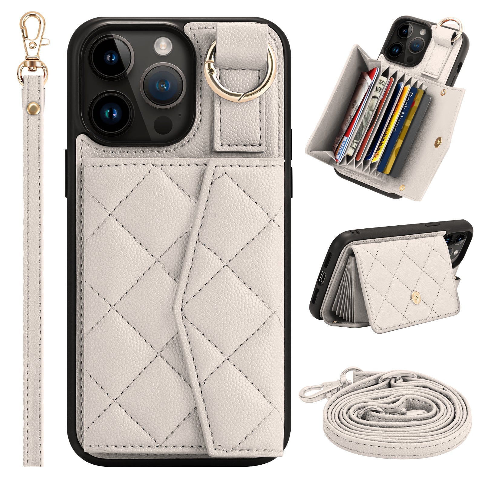 Luxury Crossbody Wallet iPhone Case – Cute Flip Leather Cover, Card Holder, Necklace Strap, Kickstand, Protection for iPhone