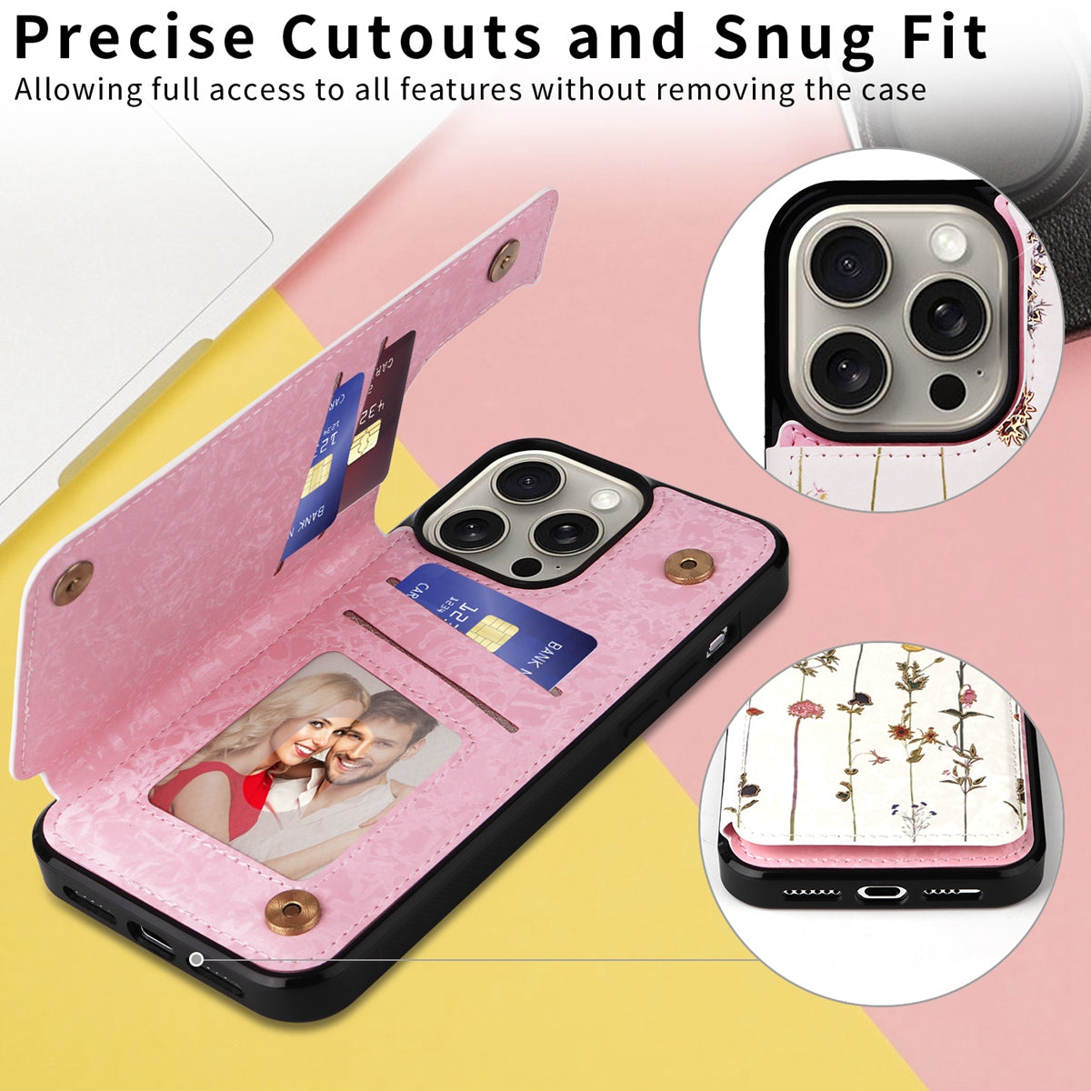 Hot Stamped Floral Wallet iPhone Case – Card Slots Magnetic Closure, Elegant Leather Design, Shockproof Protection for iPhone