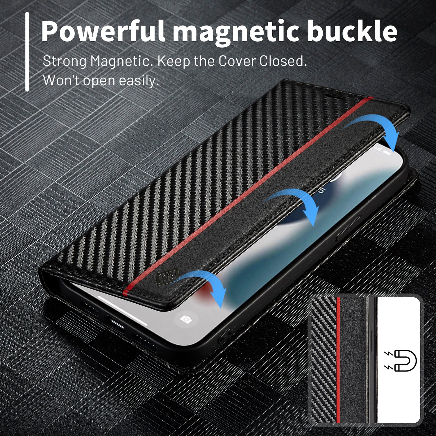 Luxury Carbon Fiber Leather Wallet iPhone Case – Magnetic Flip Cover, Card Holder, Shockproof Protection, Durable for iPhone