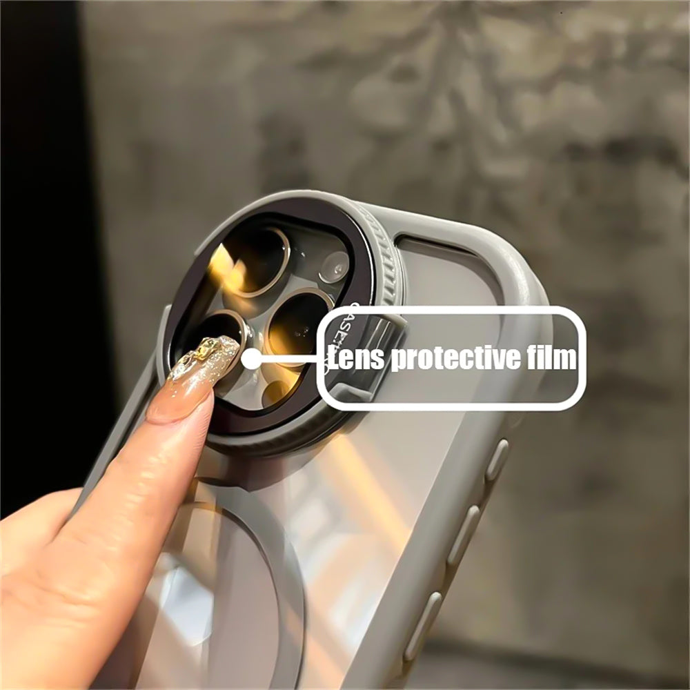 Luxury Glass Camera Stand iPhone Case - Transparent Magnetic Acrylic Cover, Wireless Charging Compatible, Case for iPhone