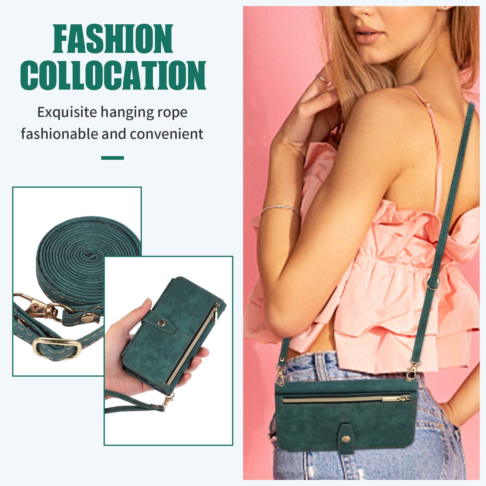 Luxury Crossbody Zipper Wallet iPhone Case – Leather Card Holder, Lanyard Strap, Closure Hands-Free Convenience for iPhone