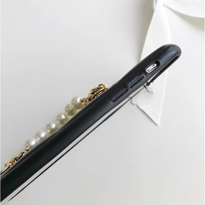 High Quality Apple iPhone Case, MagSafe Compatible, Camera Lens & Screen Protection, Ultra Thin, Shockproof, Magnetic Full All Around Cover – Lambskin Leather Handbag Case with Flower Pearl Strap & Long Metal Chain