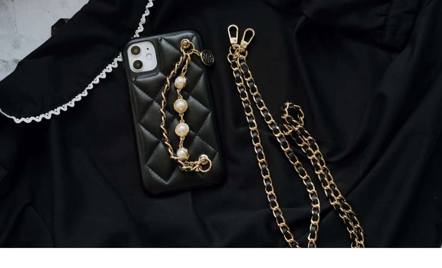 High Quality Apple iPhone Case, MagSafe Compatible, Camera Lens & Screen Protection, Ultra Thin, Shockproof, Magnetic Full All Around Cover – Lambskin Leather Handbag Case with Flower Pearl Strap & Long Metal Chain