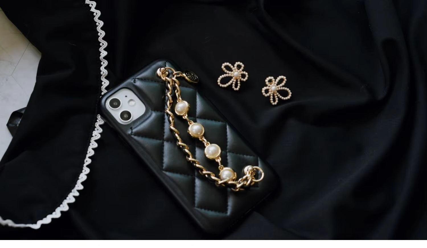 High Quality Apple iPhone Case, MagSafe Compatible, Camera Lens & Screen Protection, Ultra Thin, Shockproof, Magnetic Full All Around Cover – Lambskin Leather Handbag Case with Flower Pearl Strap & Long Metal Chain