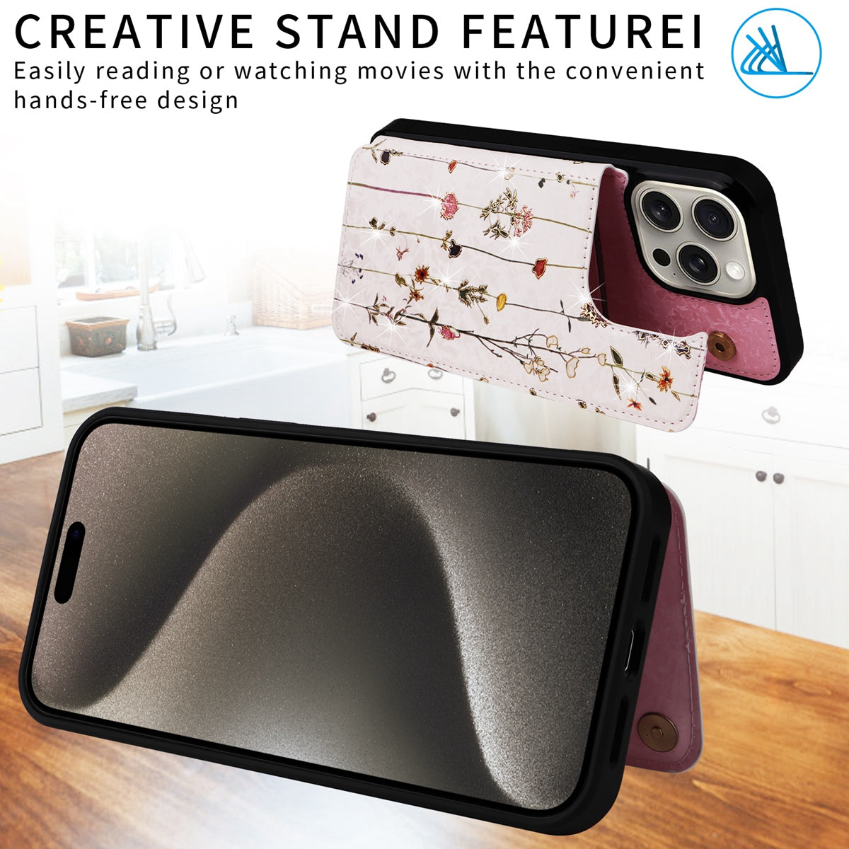 Hot Stamped Floral Wallet iPhone Case – Card Slots Magnetic Closure, Elegant Leather Design, Shockproof Protection for iPhone