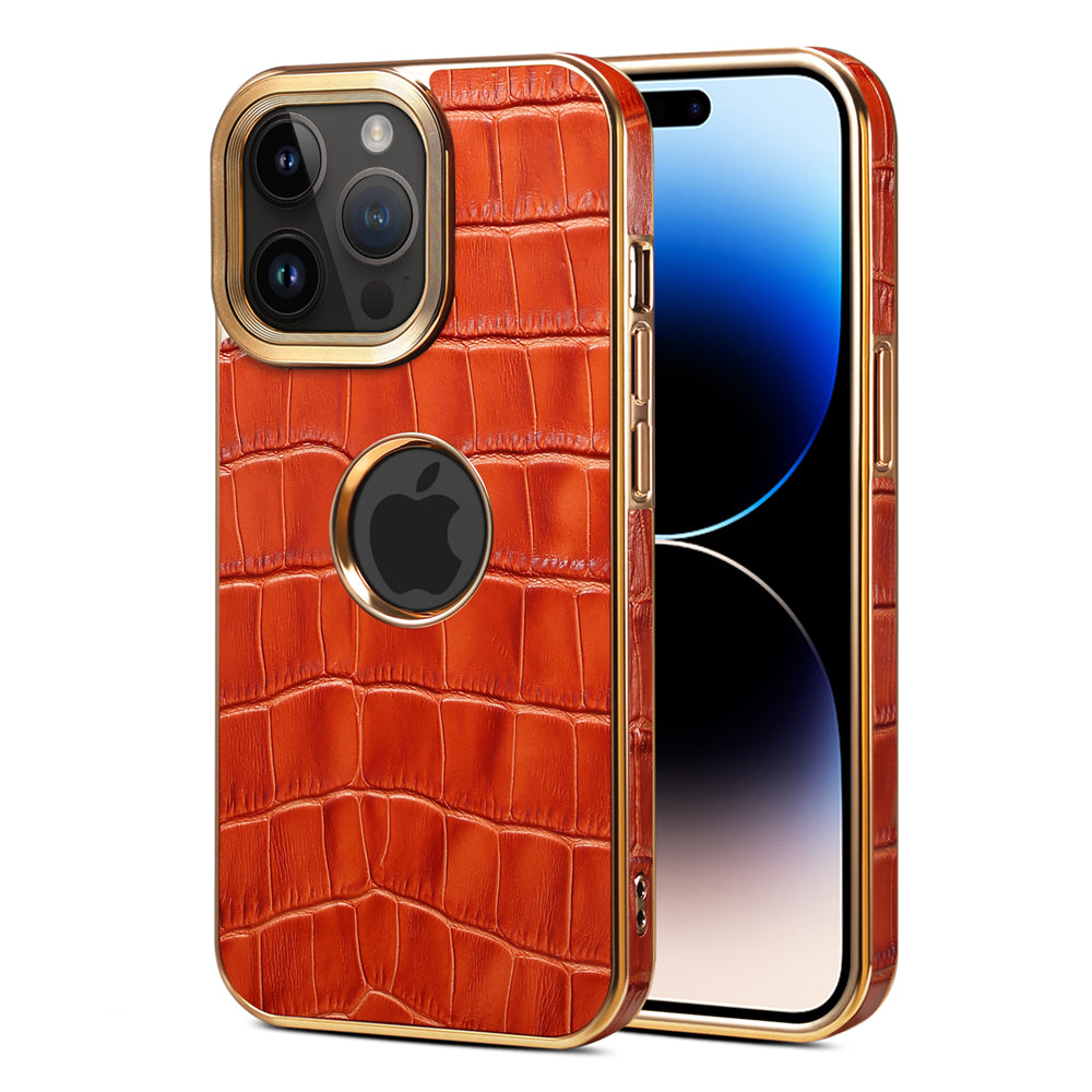 Luxury Plating Gold Genuine Cowhide Leather Case for iPhone - Crocodile Plaid Pattern Durable, Elegant Wallet Cover