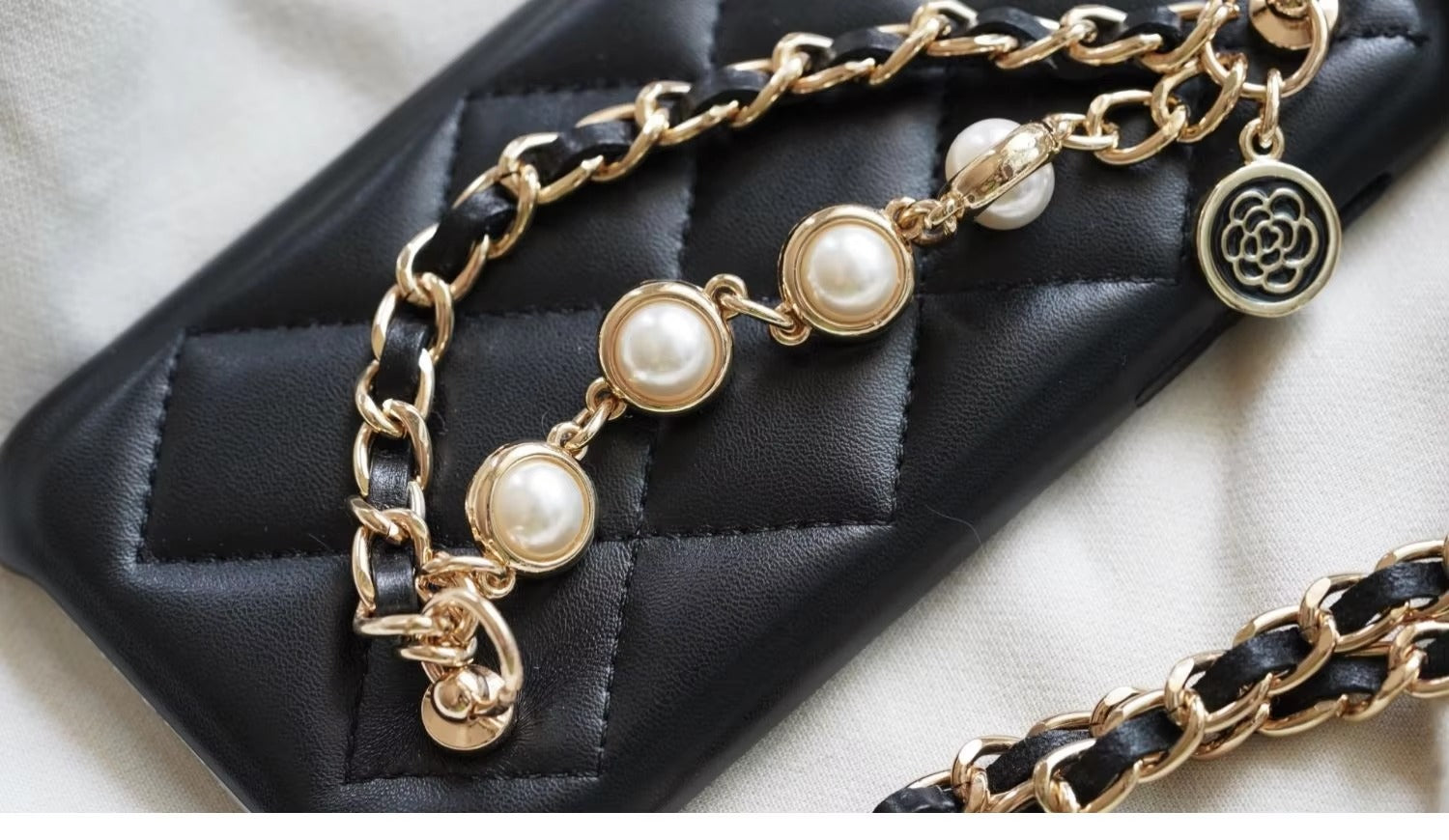 High Quality Apple iPhone Case, MagSafe Compatible, Camera Lens & Screen Protection, Ultra Thin, Shockproof, Magnetic Full All Around Cover – Lambskin Leather Handbag Case with Flower Pearl Strap & Long Metal Chain