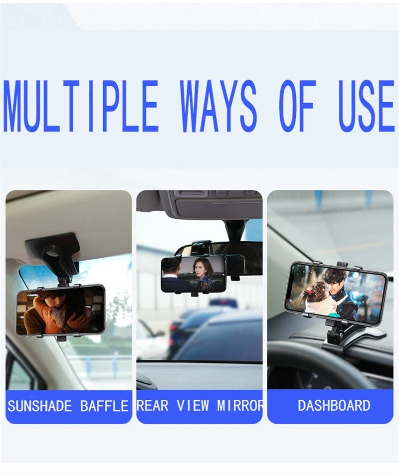 Universal Car Phone Holder Mount – 3-in-1 Clip for Dashboard, Rearview Mirror, Sun Visor | Adjustable 3–7.2" Support, Anti-Slip, 360° Rotation, ABS Build