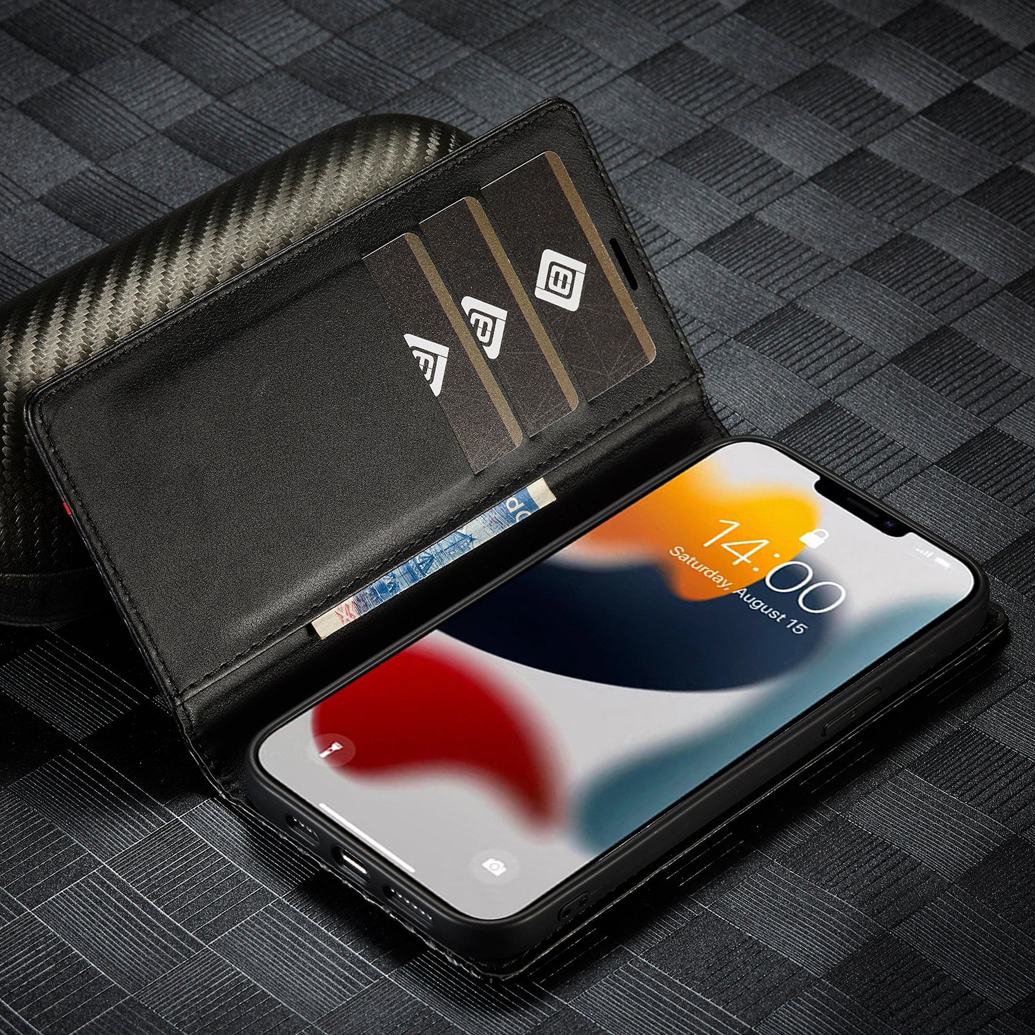 Luxury Carbon Fiber Leather Wallet iPhone Case – Magnetic Flip Cover, Card Holder, Shockproof Protection, Durable for iPhone