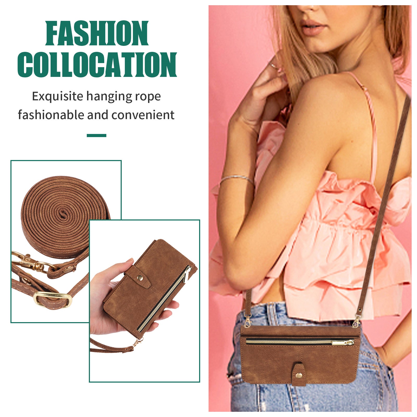 Luxury Crossbody Zipper Wallet iPhone Case – Leather Card Holder, Lanyard Strap, Closure Hands-Free Convenience for iPhone