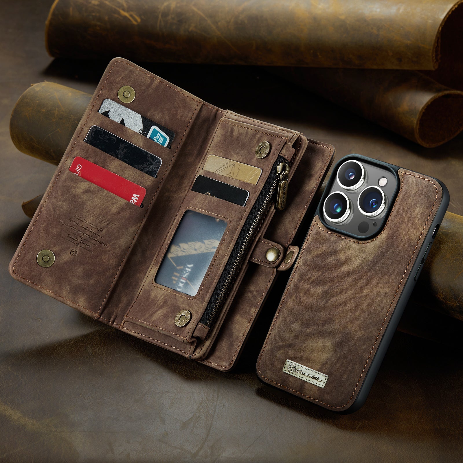 Luxury Detachable Leather Wallet iPhone Case – Multi-Function Zipper Flip Cover, Card Holder, Shockproof Protection, Magnetic Closure for iPhone