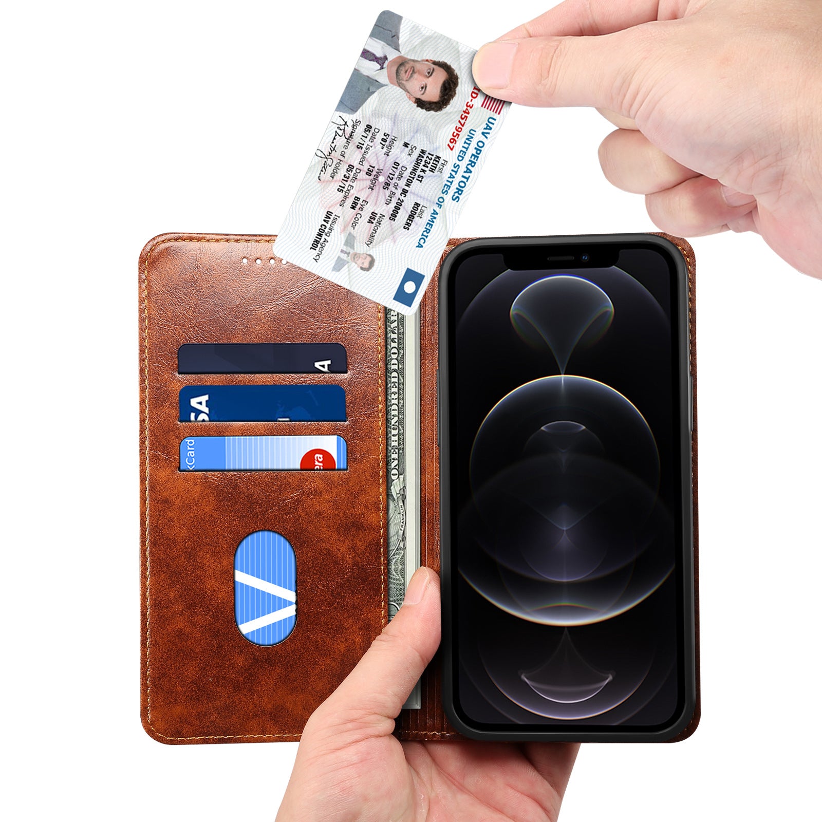 Luxury Genuine Leather Wallet Flip iPhone Case – Magnetic Closure, Card Holder, Stand Function, Shockproof Protective Cover, Classic Book-Style Design