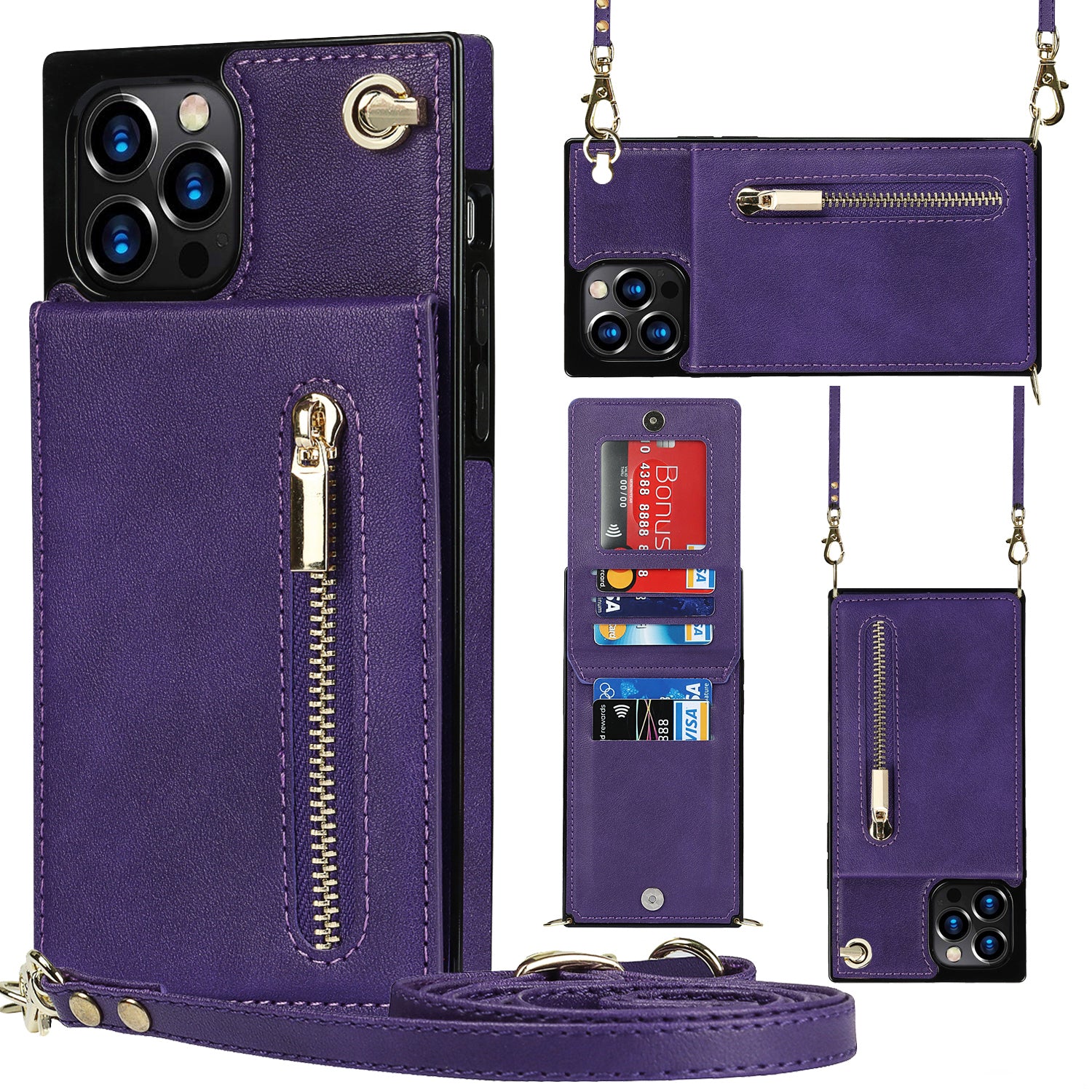 Luxury Zipper Wallet Crossbody Leather iPhone Case Card Holder, Lanyard Strap Magnetic Closure, Stylish Flip Cover for iPhone