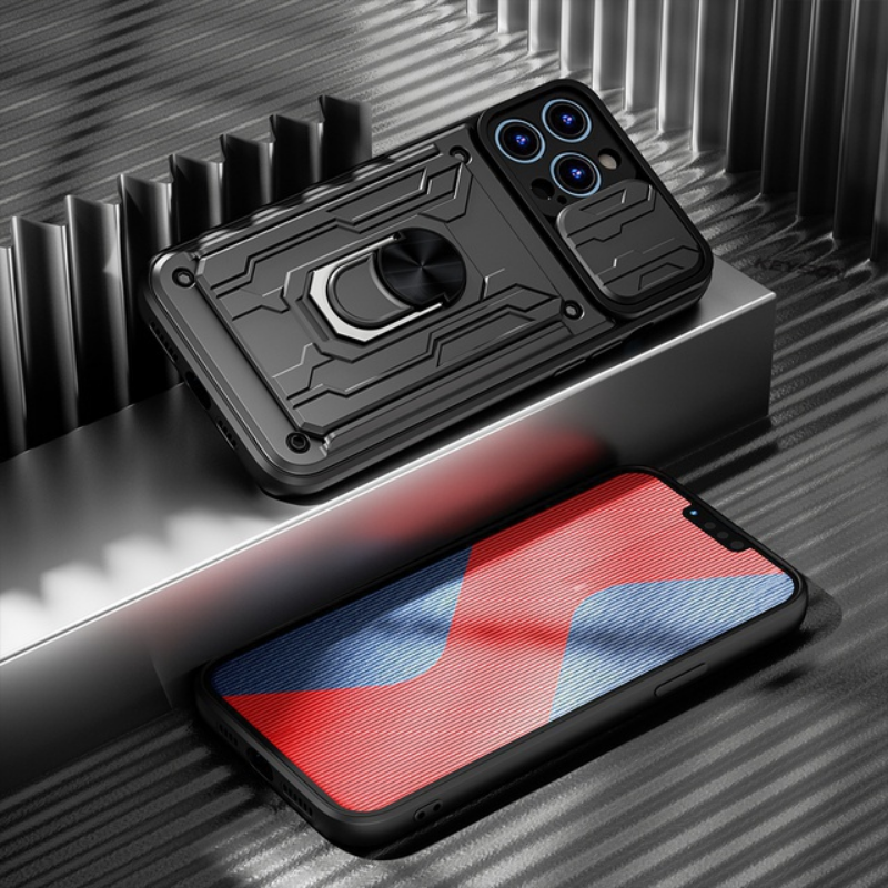 Hidden Slide Card Slot iPhone Case – Lens Protection, Magnetic Ring Stand, Shockproof Cover for iPhone Models
