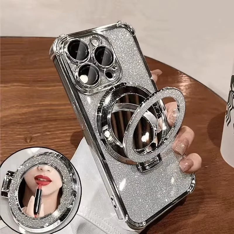 Luxury Apple iPhone Case, MagSafe Compatible, Camera Lens & Screen Protection, Ultra Thin, Shockproof, Magnetic Full All Around Cover – Sparkling Gradient Glitter Airbag Case with Mirror Back & Diamond Stand Holder