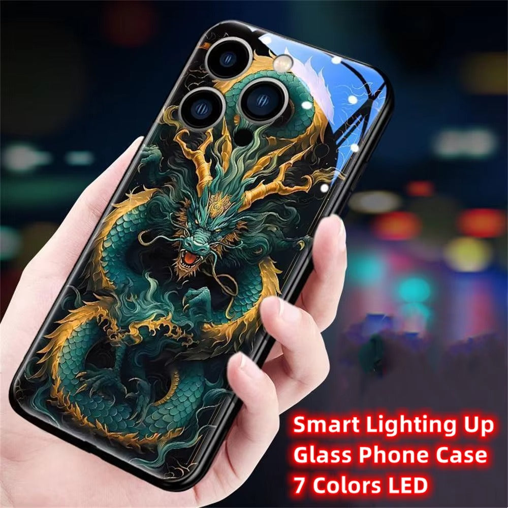 Premium Apple iphone Case, LED Flash, Sound Reactive, Shockproof, Ultra Thin, Full Body Protection, Golden Dragon Luminous Glass Cover