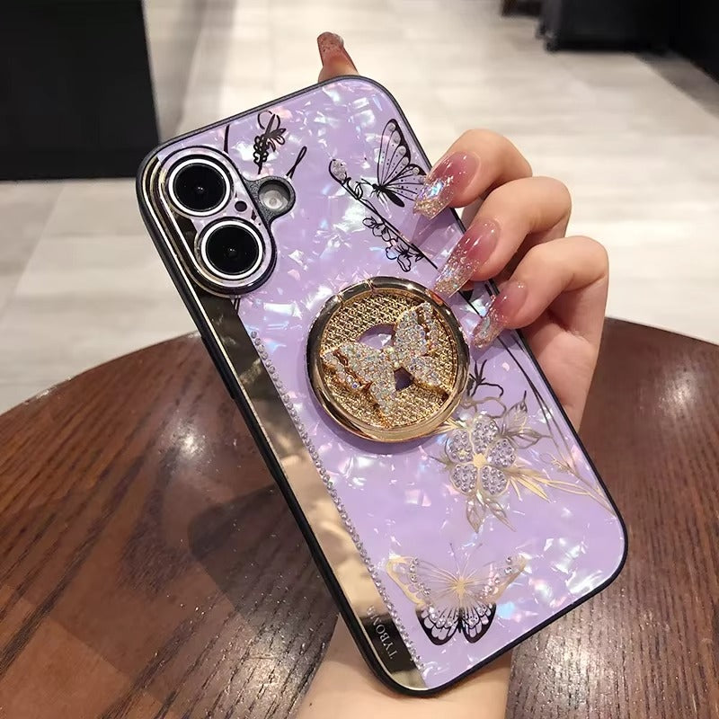 Luxury Apple iPhone Case, MagSafe Compatible, Camera Lens & Screen Protection, Ultra Thin, Shockproof, Magnetic Full All Around Cover – Shell Pattern Butterfly Case with Ring Holder & Hard Silicone TPU Back Design