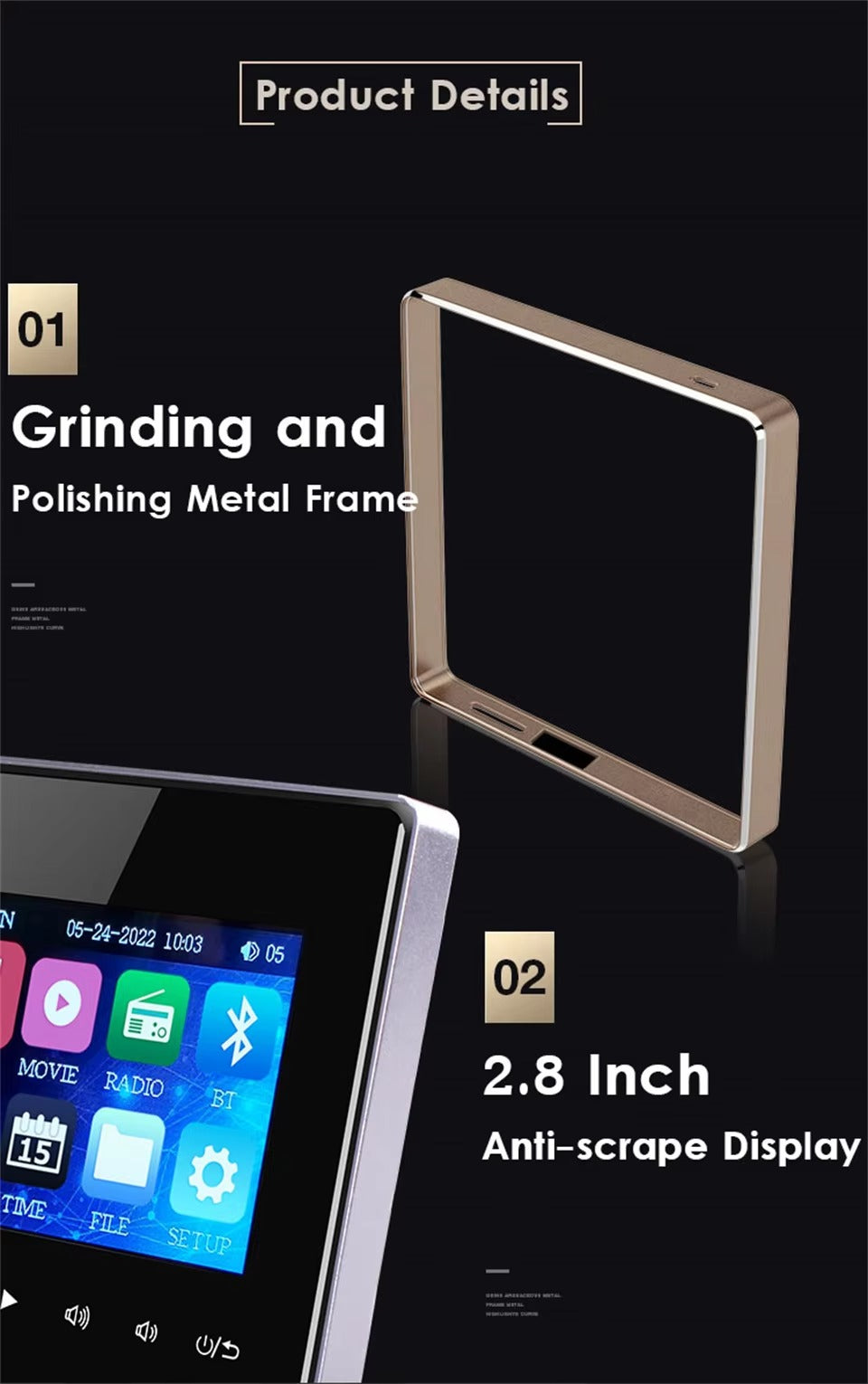 Premium Bluetooth Wall Amplifier for iPhone, 2.8" HD Touchscreen Music Control Panel, Smart Home Stereo System with FM, AUX,