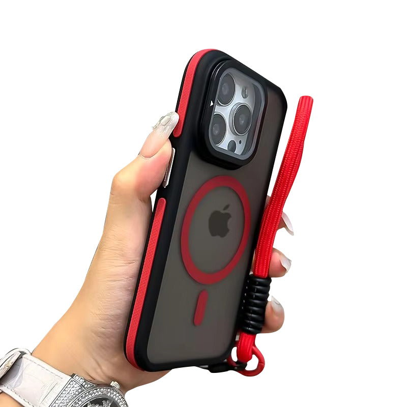 Luxury Apple iPhone Case Ultra Thin Shockproof Magnetic Full All Around Protection Cover with Matte Stand & Wrist Strap