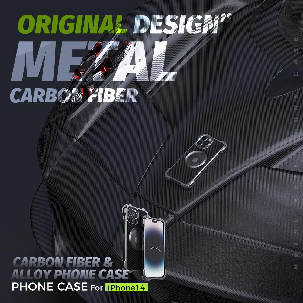 Premium Apple iPhone Case, MagSafe Compatible, Camera Lens & Screen Protection, Ultra Thin, Shockproof, Magnetic Full All Around Cover – Carbon Fiber Metal Case with Anti-Fall Design & Magnetic Back Shell