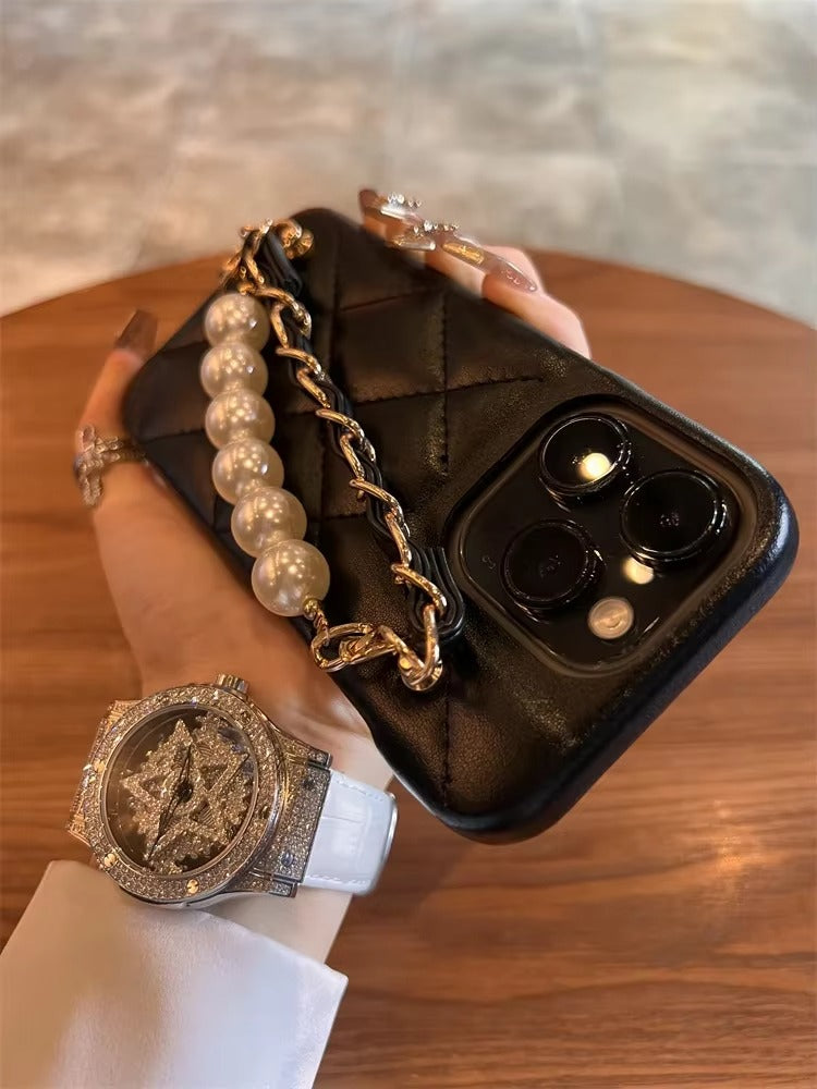 Luxury Apple iPhone Case, MagSafe Compatible, Camera Lens & Screen Protection, Ultra Thin, Shockproof, Magnetic Full All Around Cover – Pearl Metal Hand Chain Case with Lattice Lambskin Pattern for Women