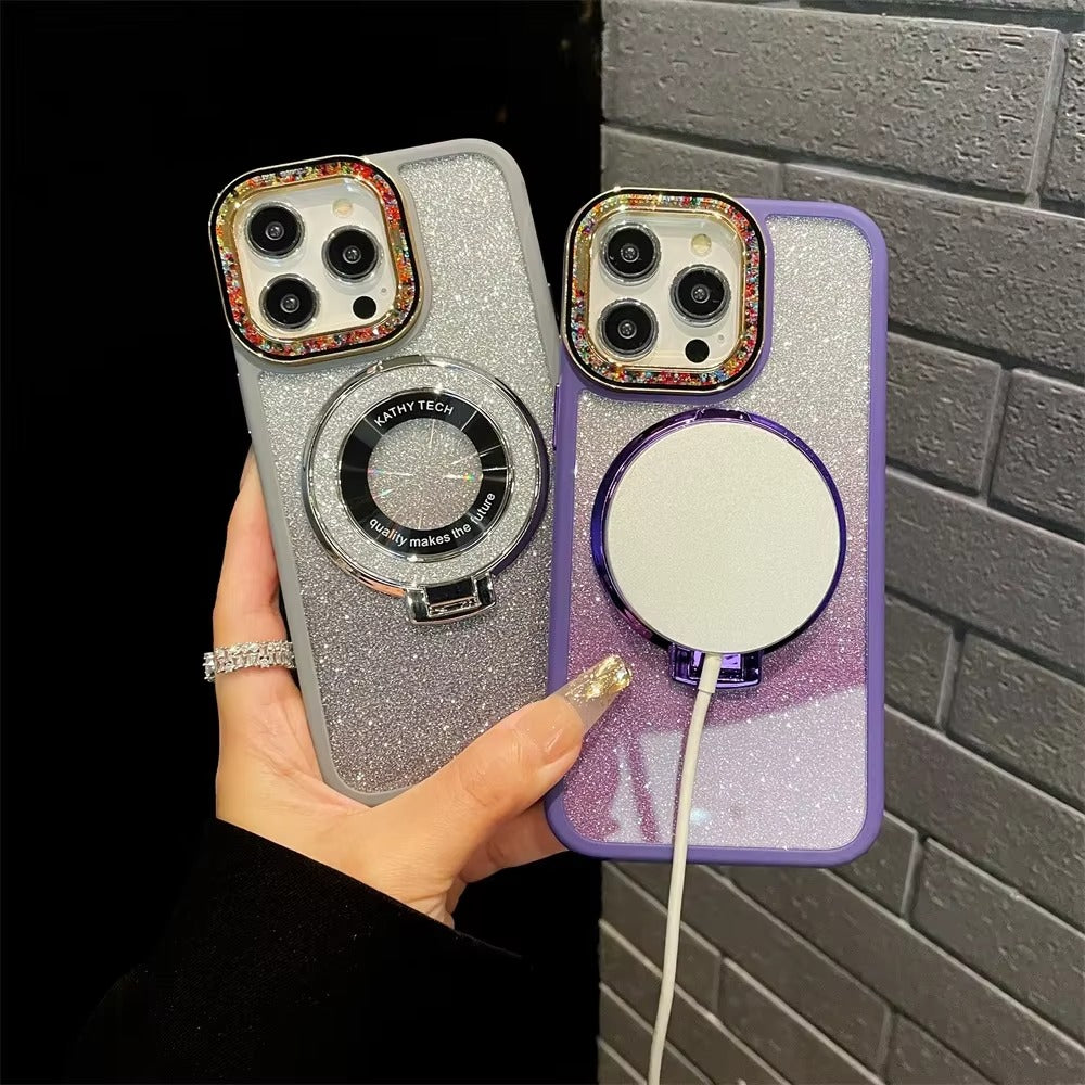 Luxury Apple iPhone Case, MagSafe Compatible, Camera Lens & Screen Protection, Ultra Thin, Shockproof, Magnetic Full All Around Cover – Gradient Glitter Diamond Case with Stand Holder & Wireless Charging Support