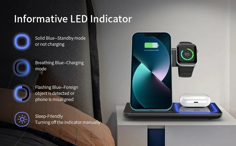 Premium 4 in 1 Wireless Charging Station with LED Light – Foldable Fast Charger Stand for Phones, Apple Watch, AirPods and Qi-Compatible Devices