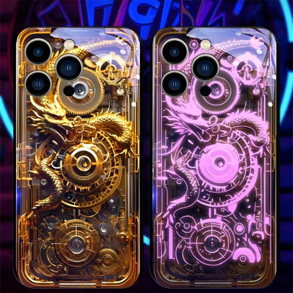 Premium Apple iphone Case, LED Flash, Sound Reactive, Shockproof, Ultra Thin, Full Body Protection, Golden Dragon Luminous Glass Cover