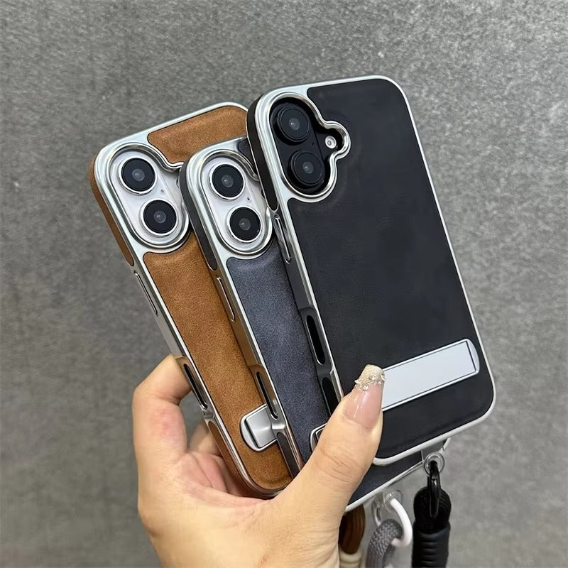 High-End Apple iPhone Case, MagSafe Compatible, Camera Lens & Screen Protection, Ultra Thin, Shockproof, Magnetic Full All Around Cover – Business Plating Leather Case with Kickstand, Wrist Strap & Hand Chain