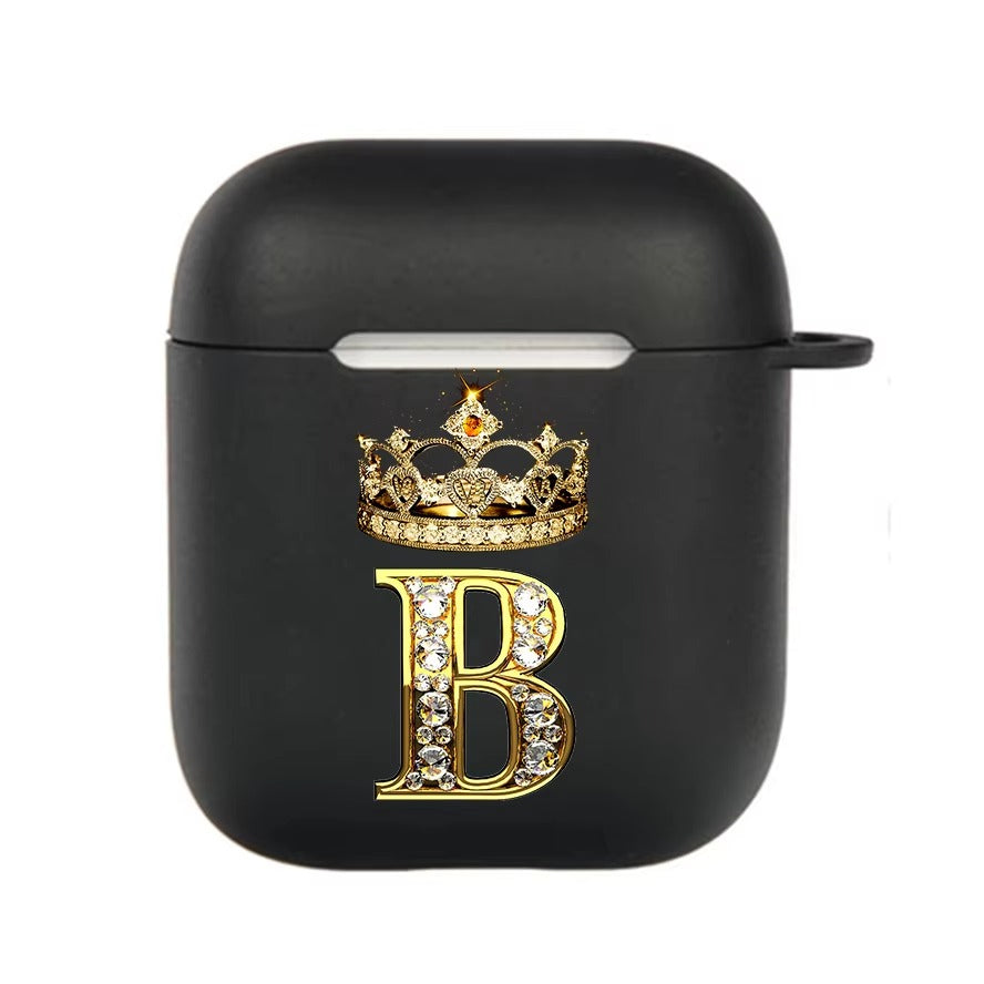 Luxury Diamond Letter AirPods Case with Hook – Black TPU Protective Cover for AirPods Pro 2, Pro, 3, 1/2, A–Z Initial Design, Scratch-Resistant, Easy Access Charging
