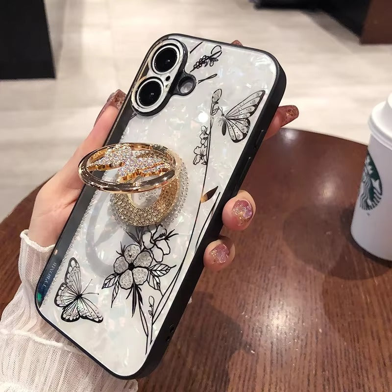 Luxury Apple iPhone Case, MagSafe Compatible, Camera Lens & Screen Protection, Ultra Thin, Shockproof, Magnetic Full All Around Cover – Shell Pattern Butterfly Case with Ring Holder & Hard Silicone TPU Back Design