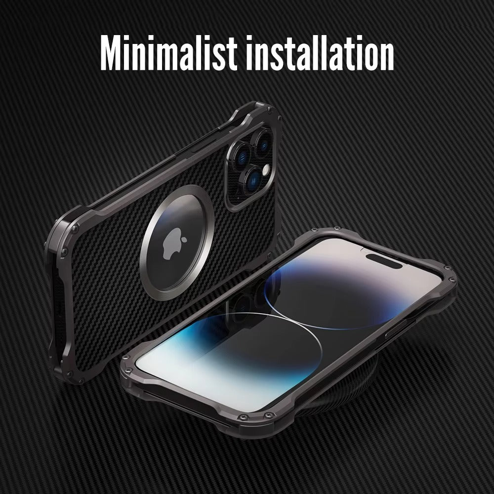Premium Apple iPhone Case, MagSafe Compatible, Camera Lens & Screen Protection, Ultra Thin, Shockproof, Magnetic Full All Around Cover – Carbon Fiber Metal Case with Anti-Fall Design & Magnetic Back Shell