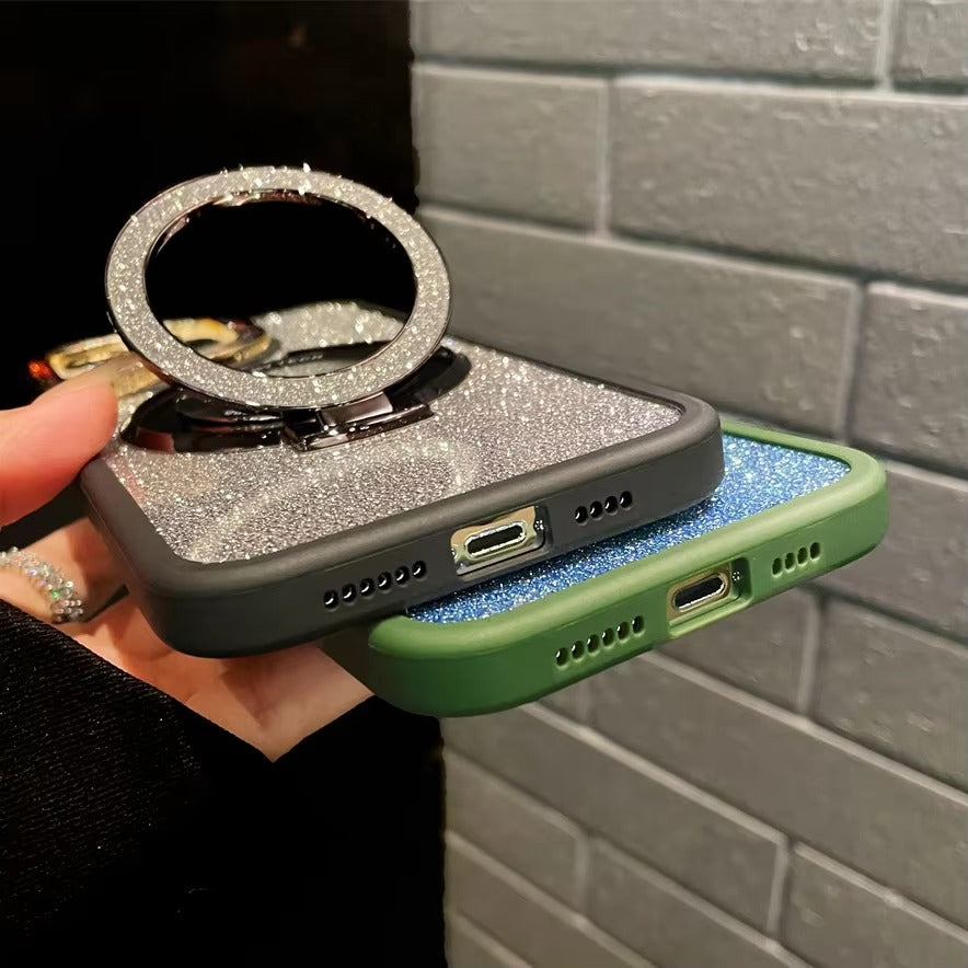 Luxury Apple iPhone Case, MagSafe Compatible, Camera Lens & Screen Protection, Ultra Thin, Shockproof, Magnetic Full All Around Cover – Gradient Glitter Diamond Case with Stand Holder & Wireless Charging Support
