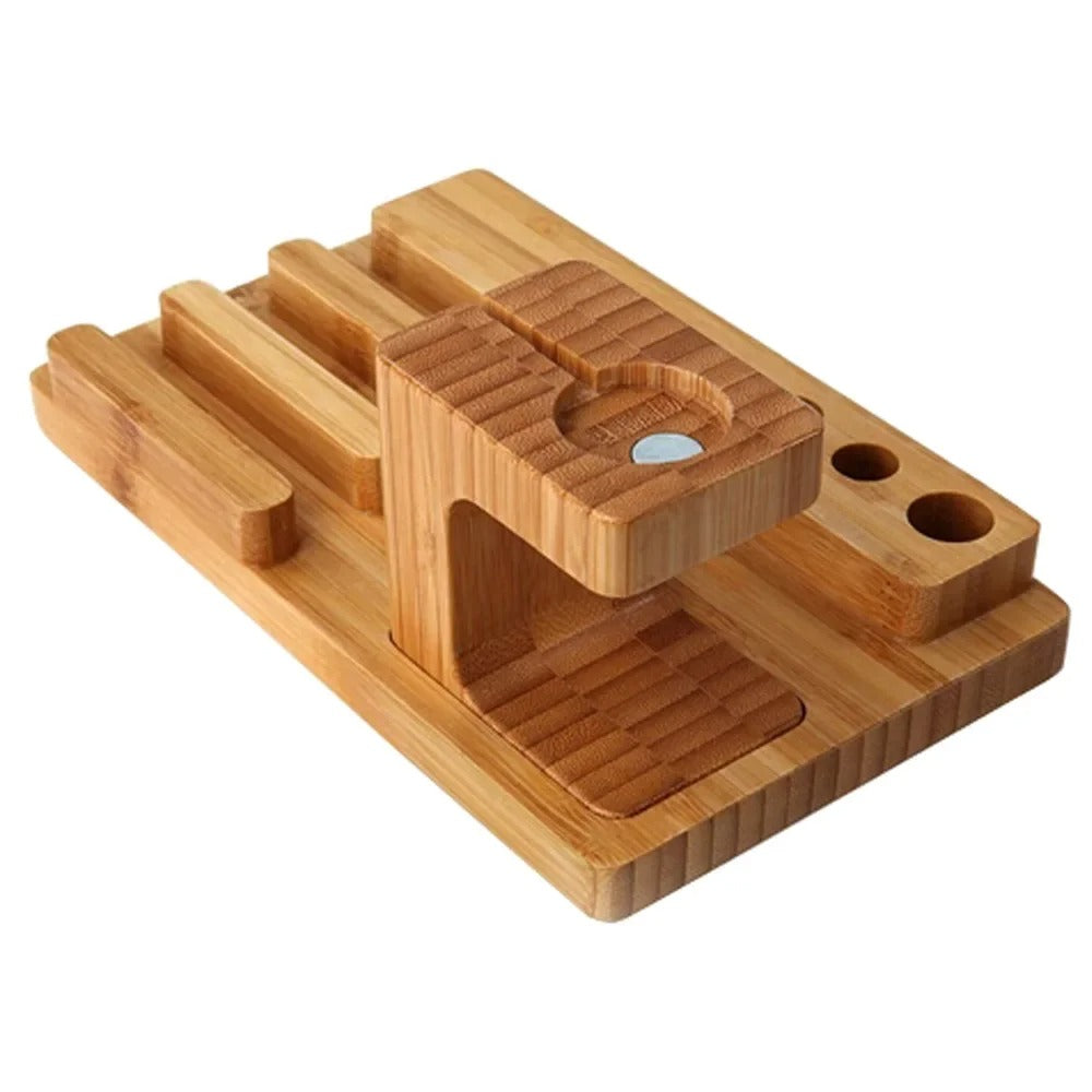 Luxury Bamboo Charging Dock Station – Multifunctional Stand Holder for iPad, iPhone, Apple Watch, Tablets and Smartphones with Cable Organizer
