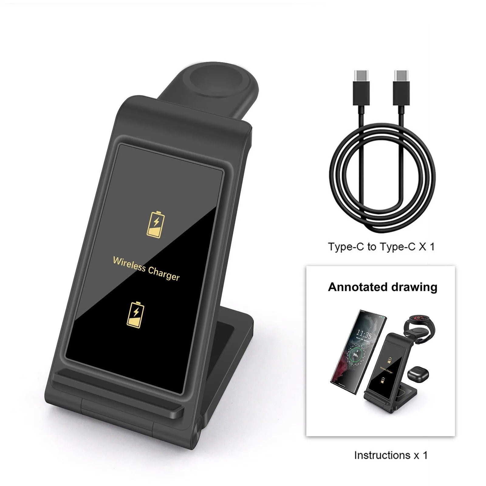 Premium 25W 3 in 1 Wireless Charging Station – Fast Charger Stand for Samsung Phones, Galaxy Watch and Buds with Detachable Holder and Type-C Cable