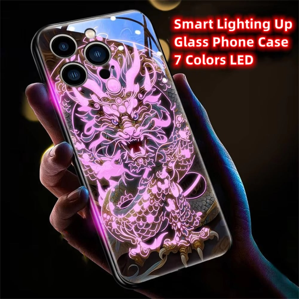 Premium Apple iphone Case, LED Flash, Sound Reactive, Shockproof, Ultra Thin, Full Body Protection, Golden Dragon Luminous Glass Cover