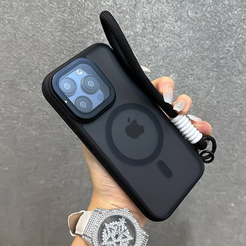 Luxury Apple iPhone Case Ultra Thin Shockproof Magnetic Full All Around Protection Cover with Matte Stand & Wrist Strap