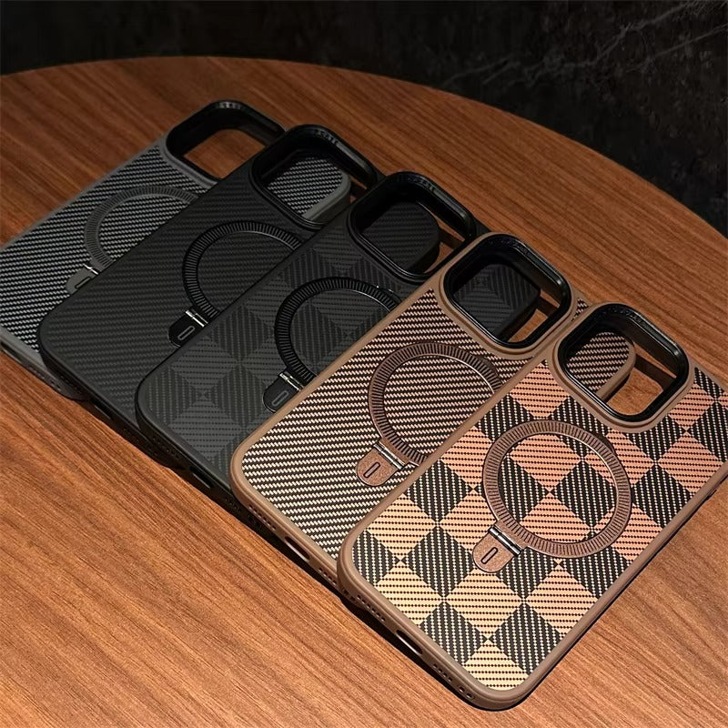 Premium Apple iPhone Case, MagSafe Compatible, Camera Lens & Screen Protection, Ultra Thin, Shockproof, Magnetic Full All Around Cover – Kevlar Carbon Fiber Texture Case with Magnetic Holder & Shockproof Back Design