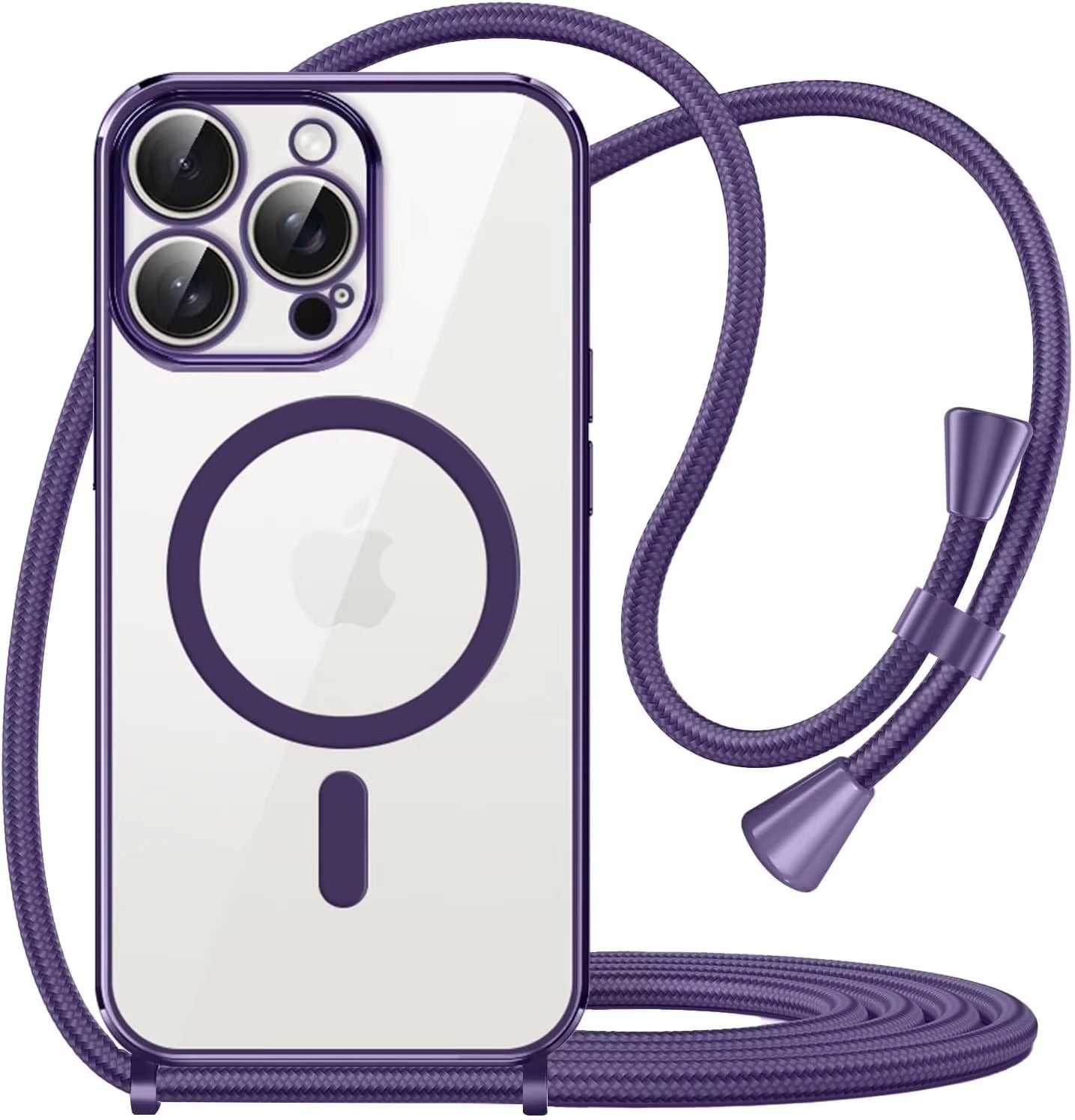 Luxury Apple iPhone Case, MagSafe Compatible, Camera Lens & Screen Protection, Ultra Thin, Shockproof, Magnetic Full All Around Cover – Clear Plating Soft Case with Necklace Lanyard Cord